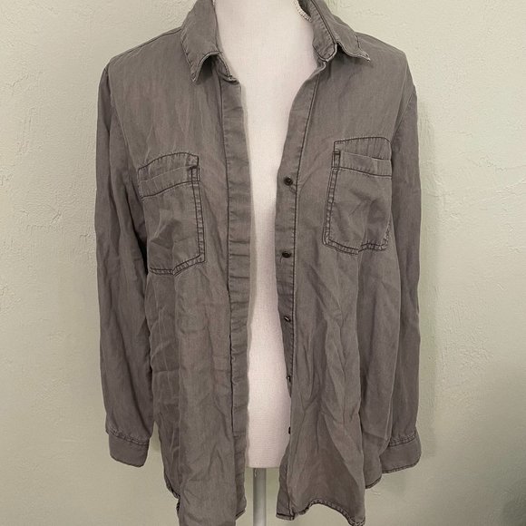 Gray Button Down Shirt with Split Hem Back - Picture 1 of 10
